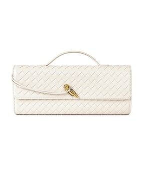 White Woven Leather Top-Handle Clutch